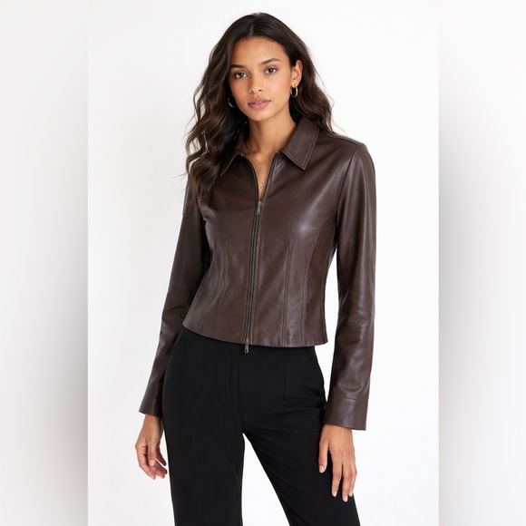 Coldwater Creek Jackets & Blazers - Coldwater Creek Brown Leather Jacket Size M Petite Zip Front Classic Fit